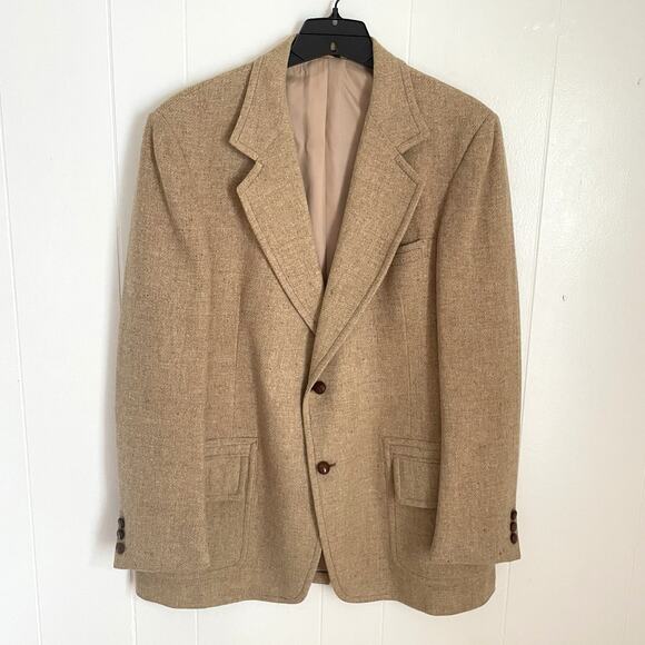 Vintage 70s Wool Tweed Camel Sport Coat 43L Long Notch Lapel 2-Button Jacket - Picture 1 of 13